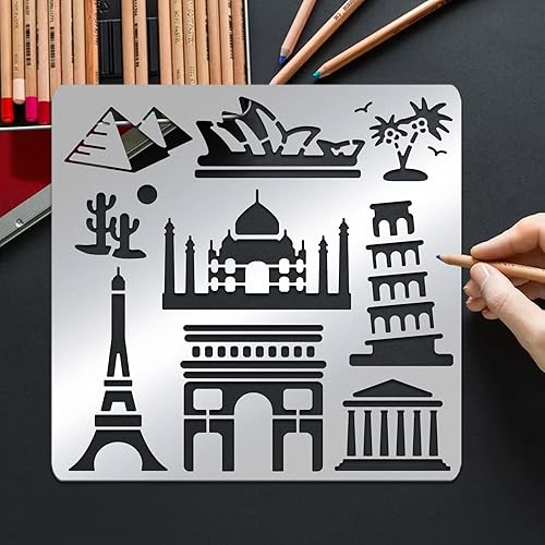 Miniatura 7 de BENECREAT Landmark Silhouette Elements - Plantilla de metal, 6 x 6 pulgadas, reutilizable, torre Eiffel, pirámides, plantilla de pintura para