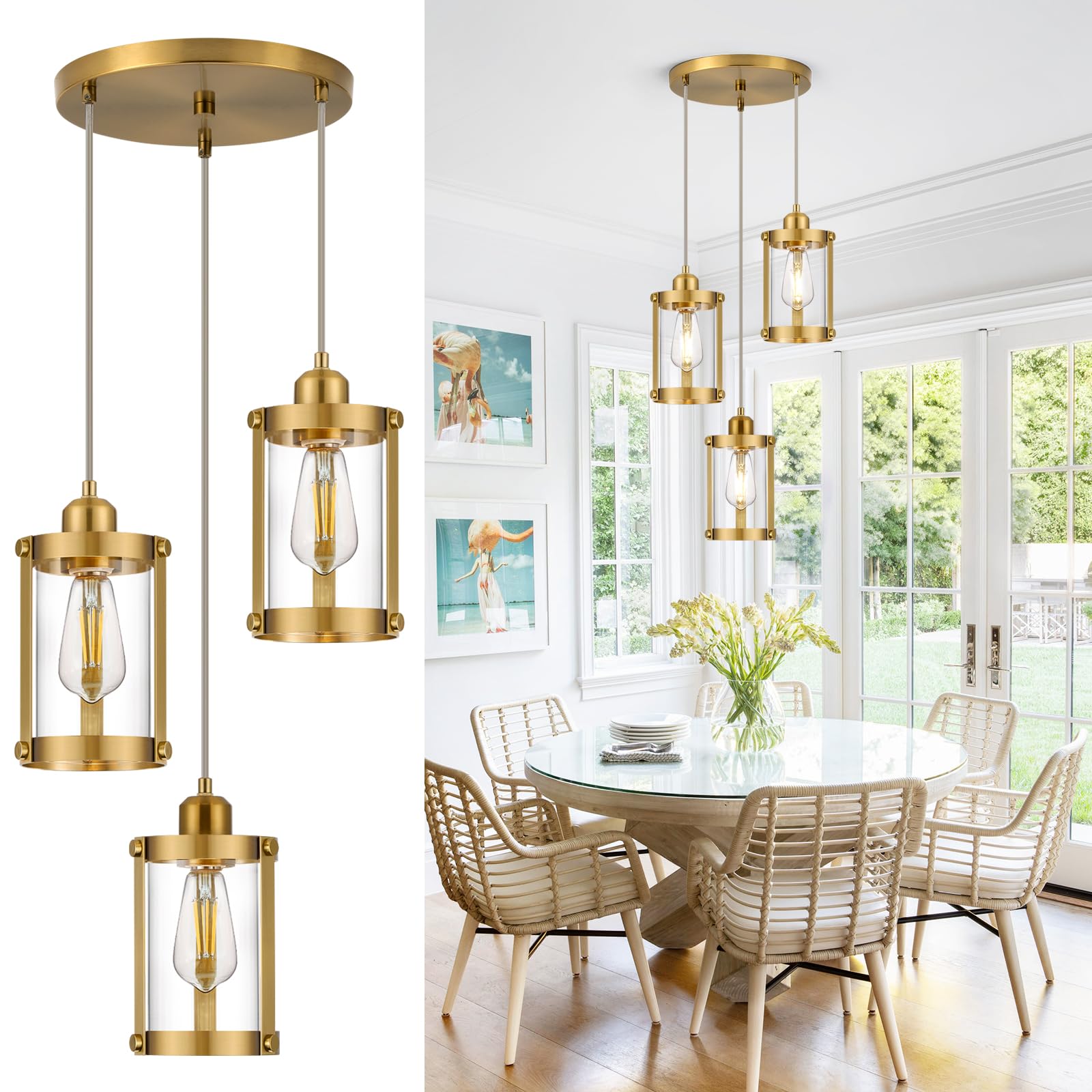 Photo 1 of Osimir 3-Light Pendant Lighting, Brushed Gold Dining Room Chandelier Light Fixture Over Table with Clear Glass, Modern Cluster Hanging Lights for Kitchen Island Sink, OS-3014-3BG