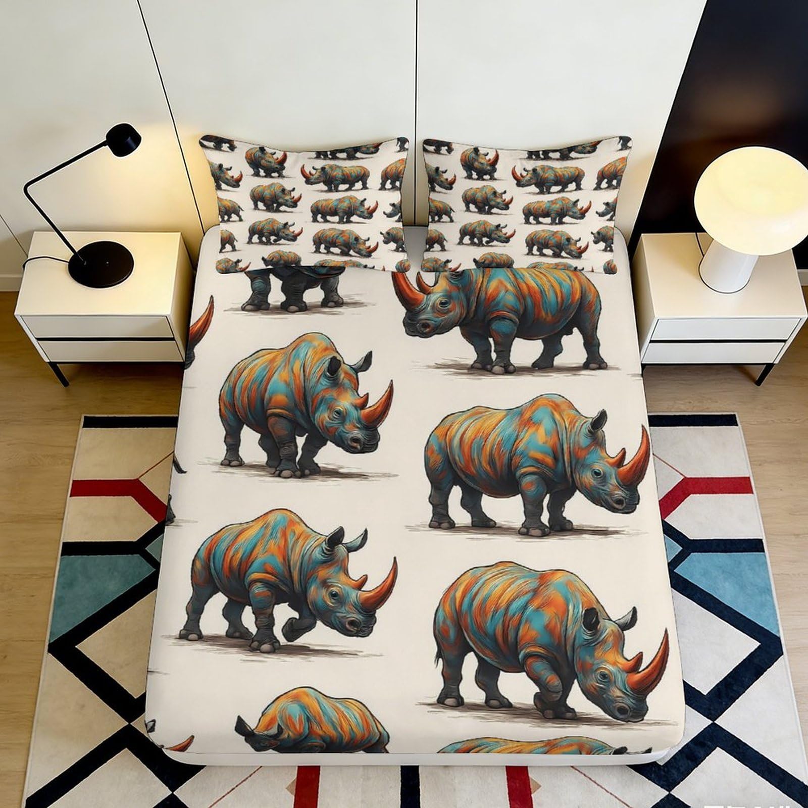 3D Printed Colorful Rhino Fitted Sheet Microfiber Anti-Slip Bed Sheet for Bedroom Decor Dorm Room Mattress Cover 90x200x25cm
