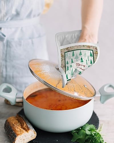 Miniatura 4 de Juego de 2 soportes para ollas de Navidad para cocina, antideslizantes y aislantes de calor, juego de agarraderas de tela de toalla con bolsillo,