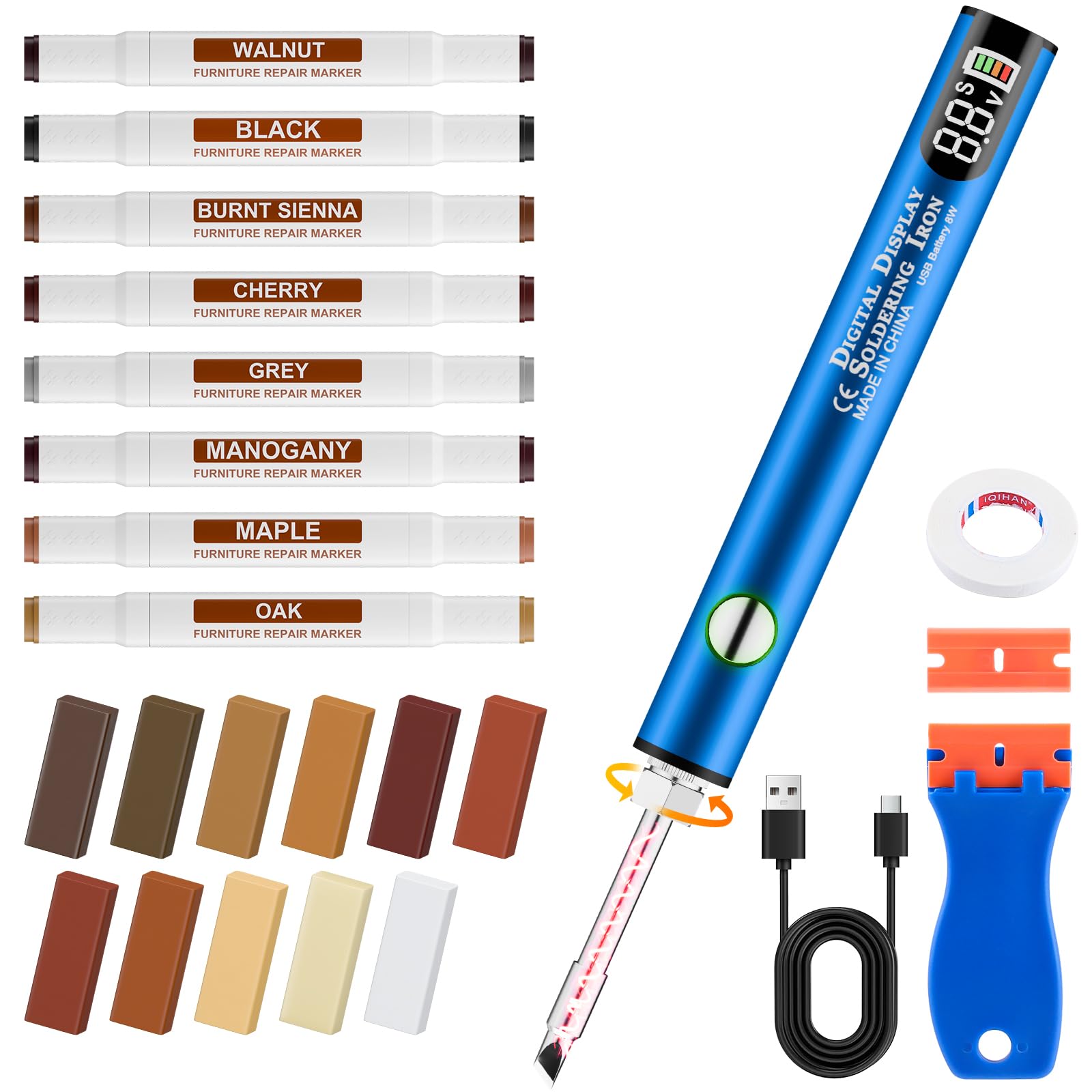 Laminat Reparaturset & Holzreparatur Set – 11-Farben Hartwachs mit 3-Temp Heizstift für Kratzer, Möbel & Parkett,Holzkitt Loch Ausbessern Möbel Arbeitsplattet Reparatur Set – Schnell & Dauerhaft