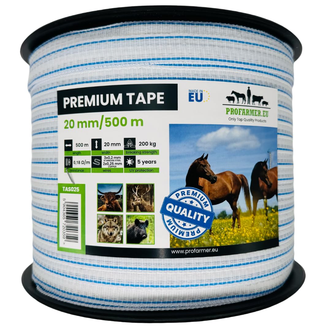 PREMIUM-Weidezaunband 500 m, 20 mm, weiß-blau – Höchste Leitfähigkeit & Sichtbarkeit