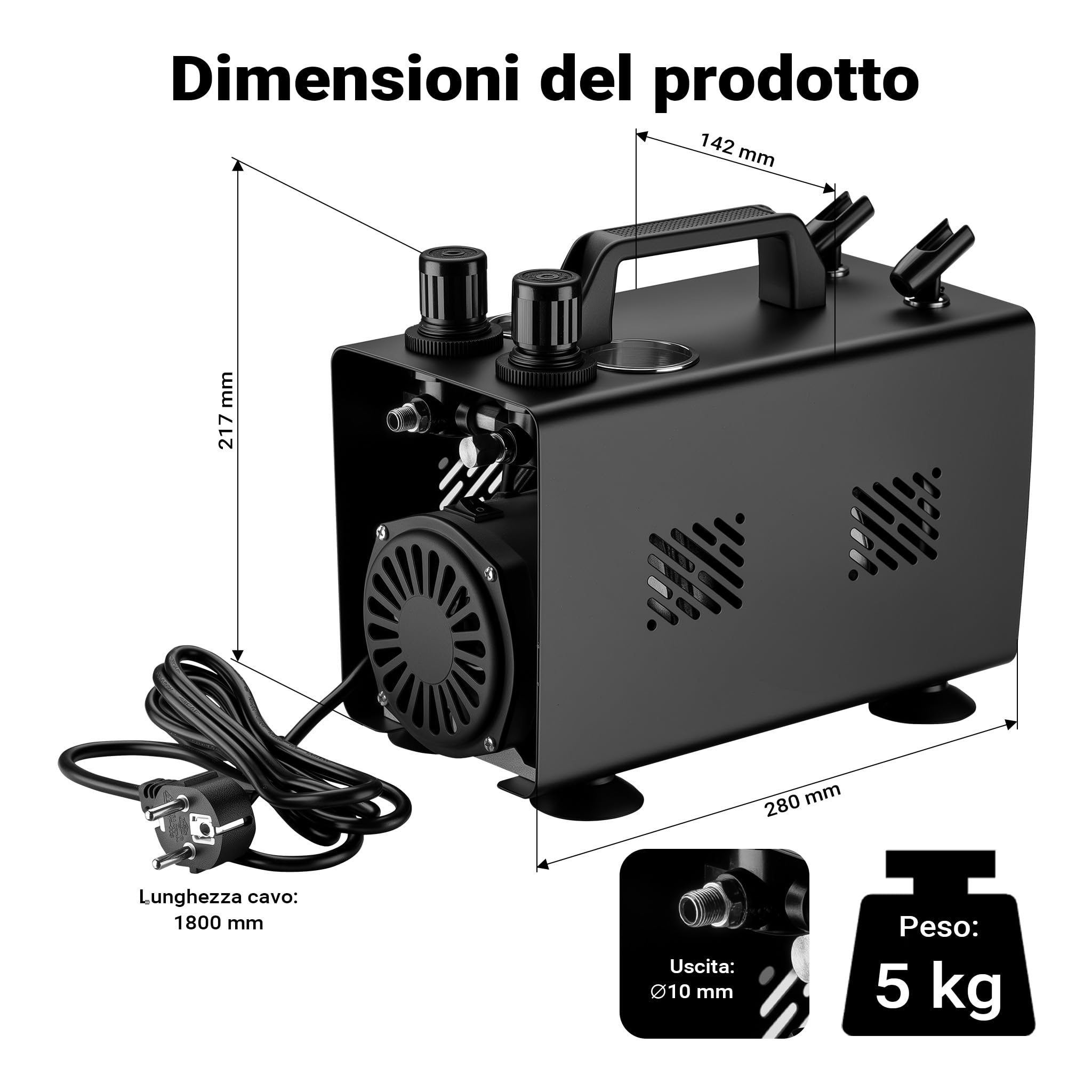 Wiltec Compressore aerografo AS18TA 1/6 CV, compressore ad aria con portata d'aria compressa 20-23 l/min, 2 attacchi per pistola aerografo, manometro, per modellismo, decorazione unghie