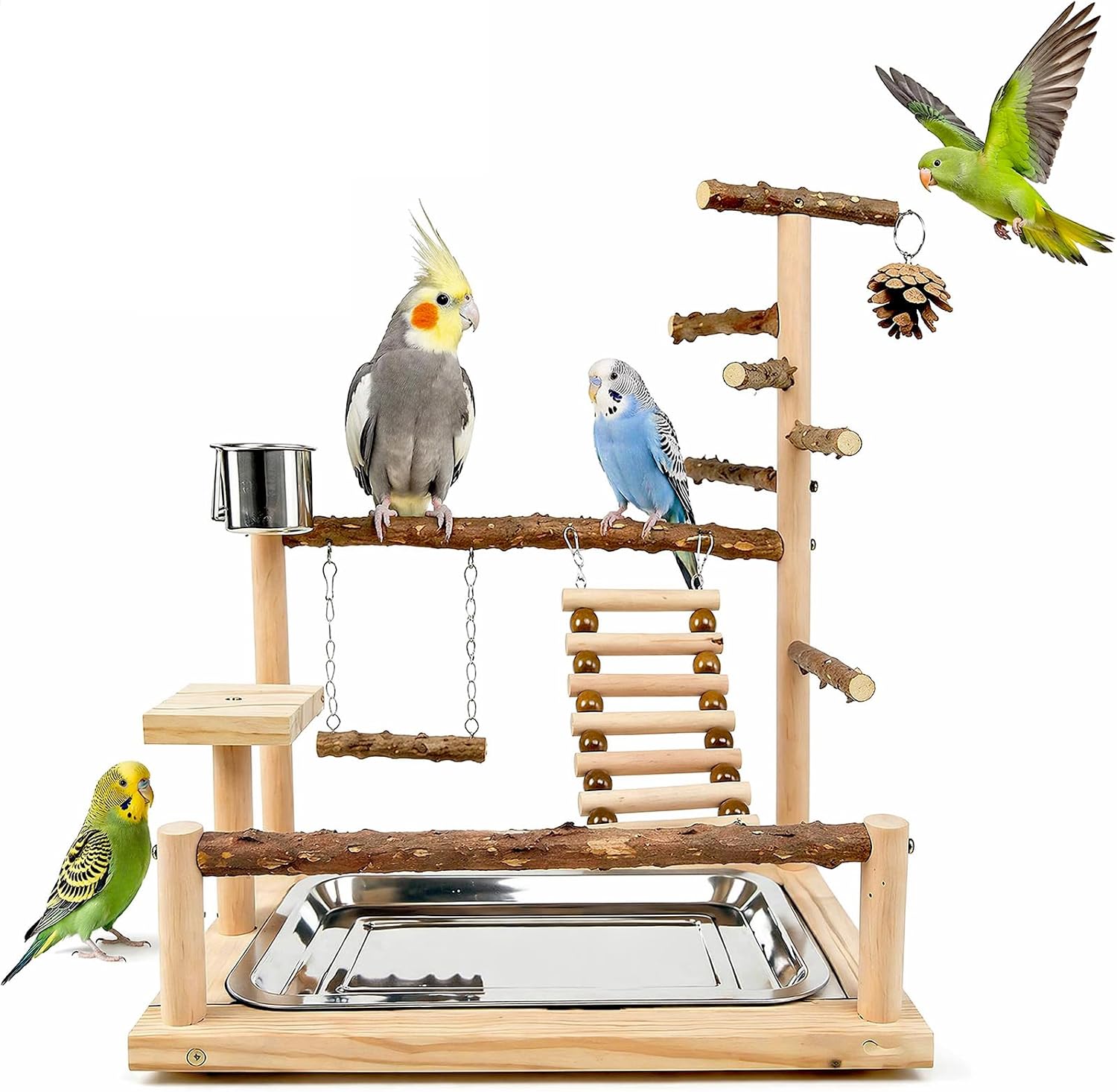 Natural Wooden Bird Playground Set - Bird Cage Accessories with Perches, Ladder & Swing, Safe Natural Wood Activity Center for Small to Medium Birds (Parakeet, Conure, Budgie, Cockatiel)