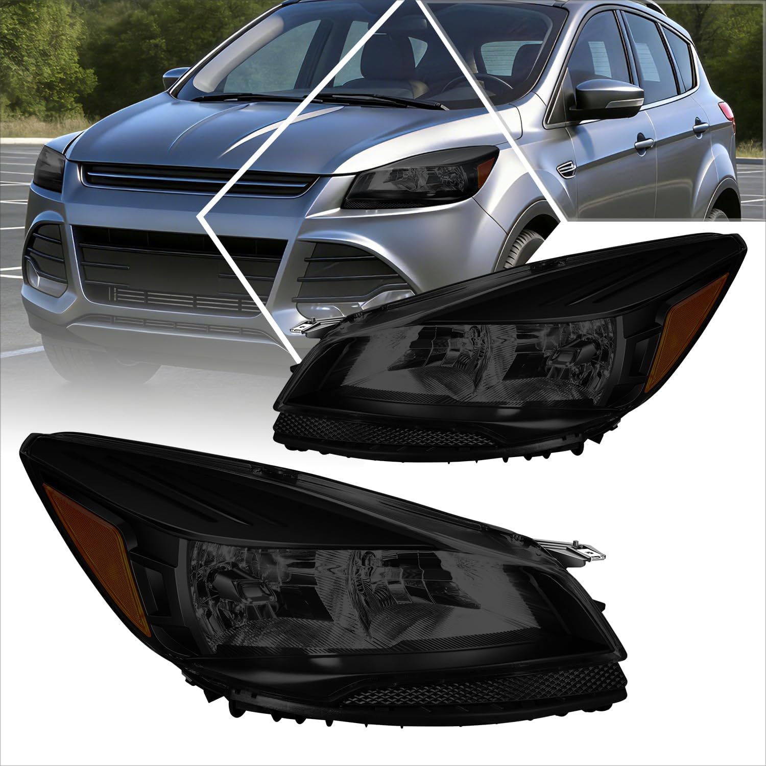 PM PERFORMOTOR Headlights Assembly Compatible with 2013 2014 2015 2016 Ford Escape 2Pcs Replacement Headlamps with Amber Corner