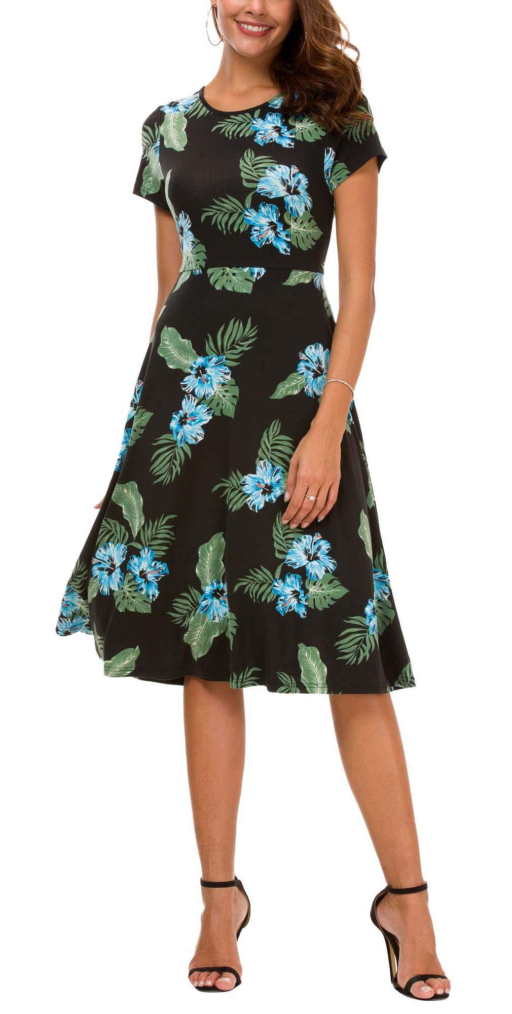 EXCHIC Clásico Estampado Floral Cintura Alta Midi Vestido de Mujer Elegante Manga Corta Largo Vestido