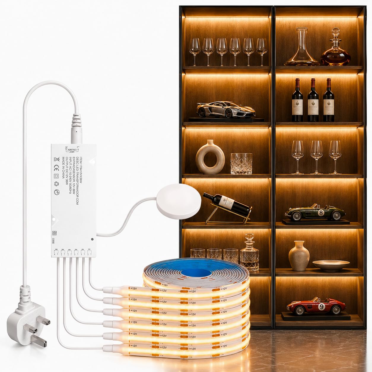 Under Cabinet Lights, 6 in 1 Dimmable Touch Control COB LED Strip Lights, 12V Under Cabinet Lighting Kit, Cuttable Self-Adhesive LED Strips for Display Cabinets, Wardrobes, Kitchen, Shelf Lighting