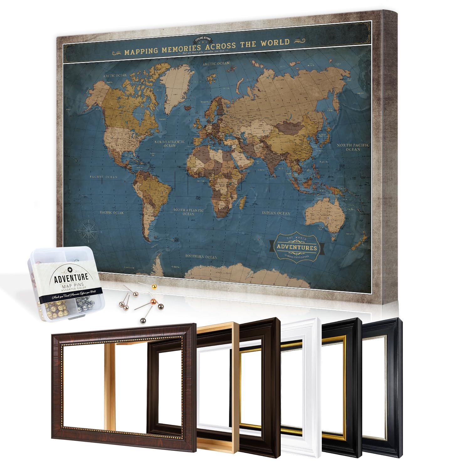 DECORARTS Personalized World Travel Map with Pins,Deep Blue Canvas 40x30''