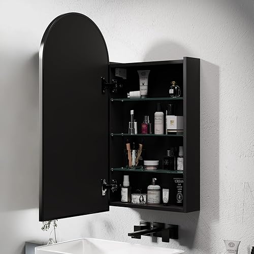 Miniatura 6 de Botiquín arqueado negro con espejo, 16 x 31 pulgadas, baño, estilo moderno, 3 estantes de vidrio, montaje en pared