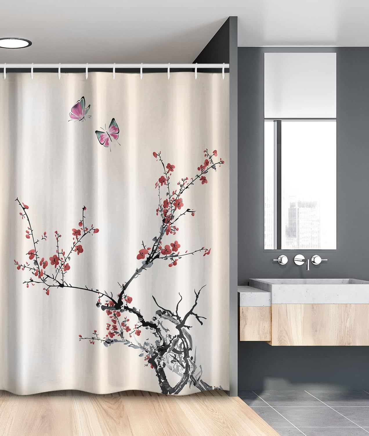 Ambesonne Watercolor Flower Stall Shower Curtain, Japanese Tree Branches Flowers Butterflies Display, Fabric Bathroom Decor Set with Hooks, 54" W x 78" L, Dark Coral Pink Black