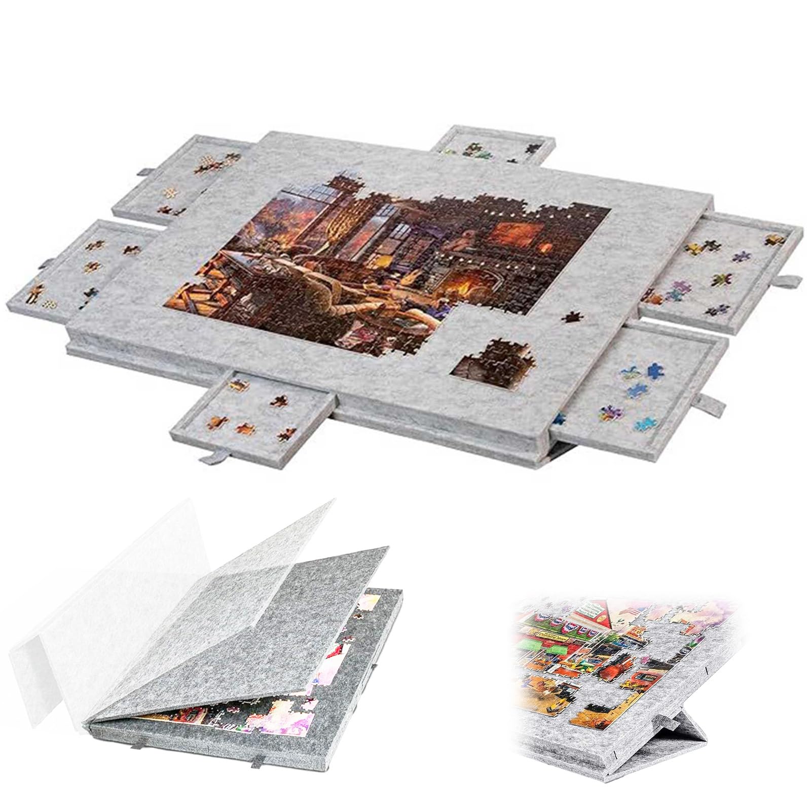 Tilting Puzzle Board, 2-in-1 Designed Stand & Cover Portable Jigsaw Puzzle Table with 6 Drawers Lightweight Felt Jigsaw Board for Adults and Kids for 1000 Pieces Puzzle, Grey