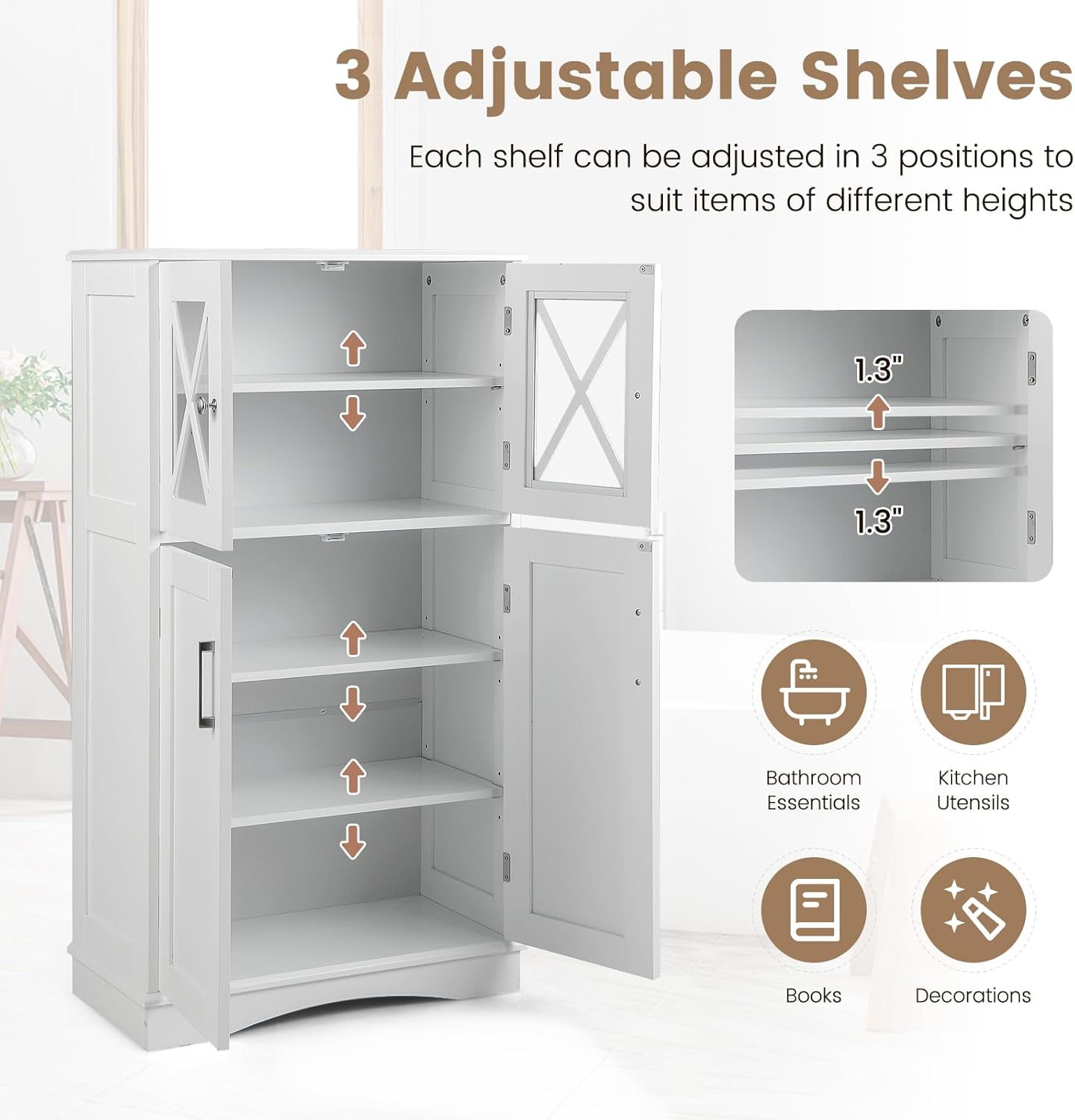 LOKO Bathroom Floor Cabinet, Kitchen Pantry Cupboard with 2 Glass Doors & 3 Adjustable Shelves, Modern Storage Organizer Cabinet for Living Room, Kitchen, Entryway, Office (White)