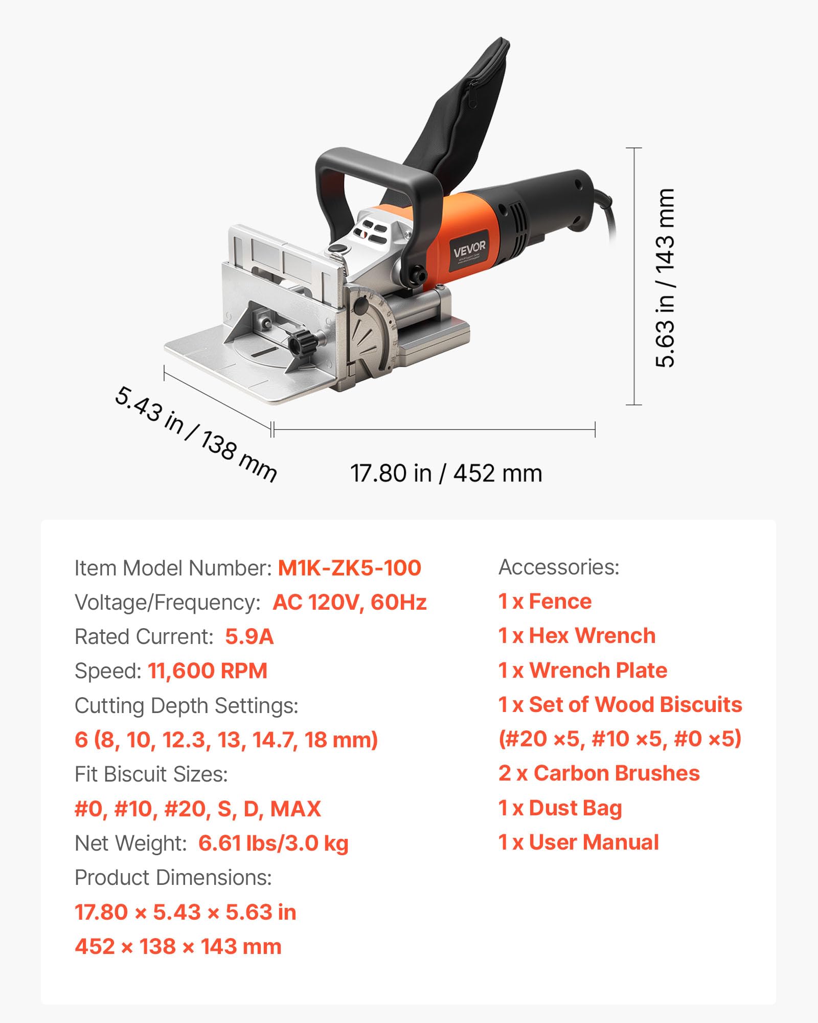VEVOR Akku Flachdübelfräse, 5,9 A, Nutfräse mit 11.600 U/min 760 W Motor, 45-Grad-Positionierungskerbe, Hartmetall-Sägeblatt, Staubbeutel, einstellbarem Winkel & Tiefe, für Holzbearbeitung