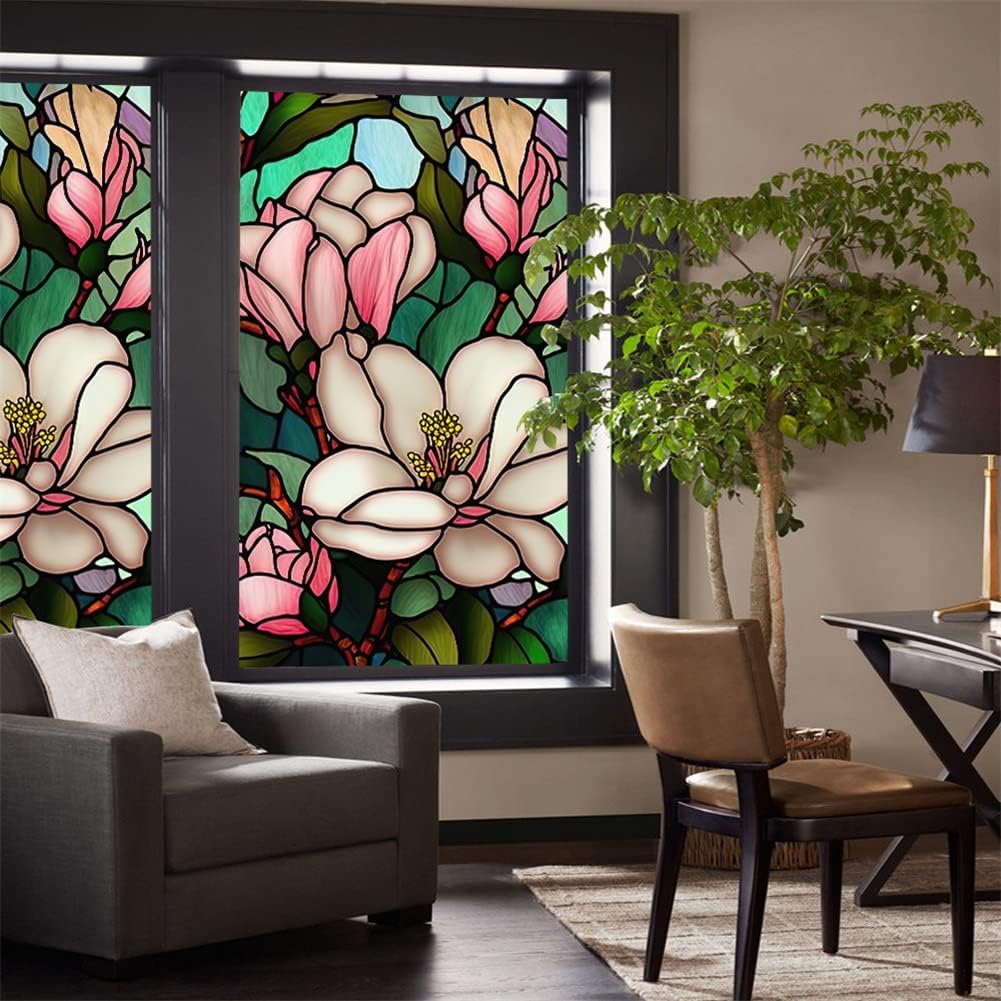 Window Privacy Film, Removable Floral Window Clings, Non-Adhesive Window Films, Glass Window Stickers (60X100cm)
