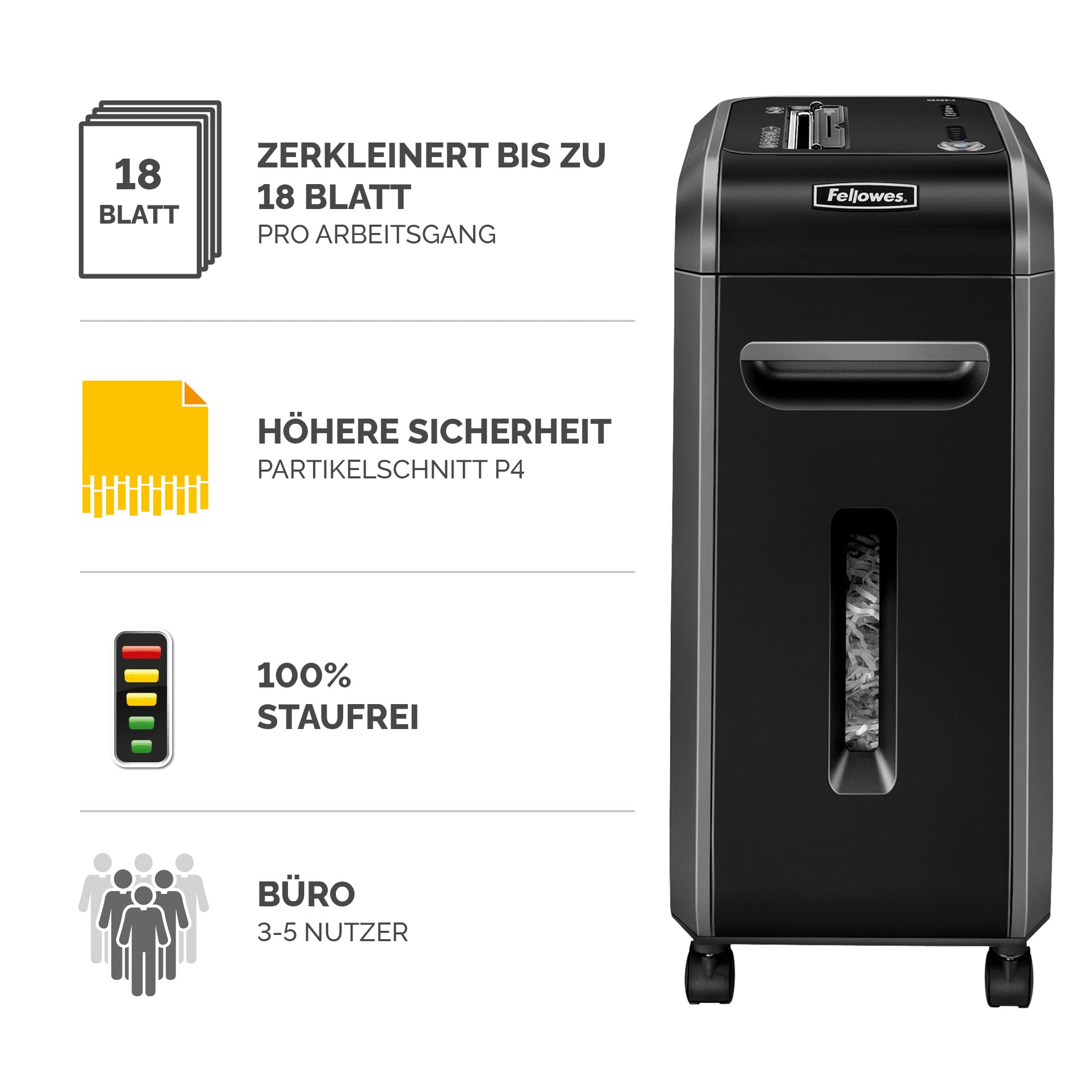 Fellowes 18 Blatt Aktenvernichter, Partikelschnitt (P4) Papierschredder für Büro, Powershred 99Ci, Schredder mit 100% staufrei Technologie, Safesense, Energiesparsystem, 34L Papierkorb, CD Schredder