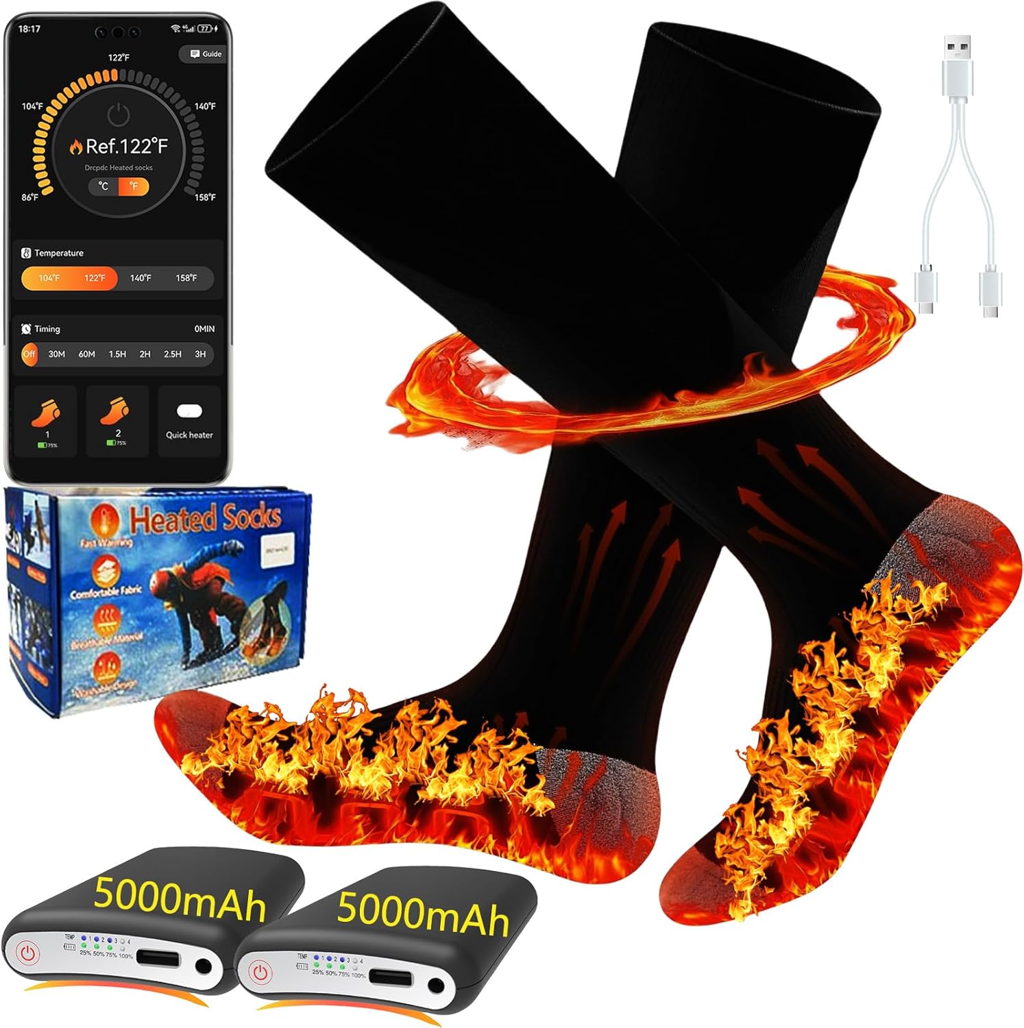Heated Socks with App Control 5000mAh*2 Rechargeable Electric Heated Socks for Men Women Up to 9 Hours Washable Warm Socks for Outdoor Work Skiing Hunting Riding Hiking Cycling Camping Gifts - Image 8
