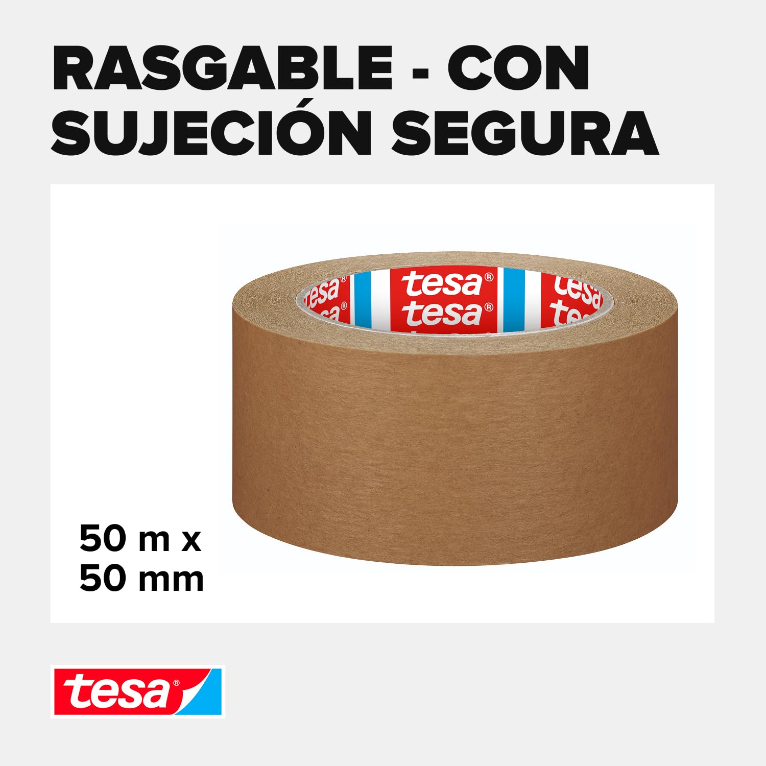 tesa tesapack STANDARD PAPER - Cinta de embalaje de papel - 56% de materiales renovables - Rasgable a mano - Cinta de embalaje para paquetes ligeros - Marrón - 50 m x 50 mm