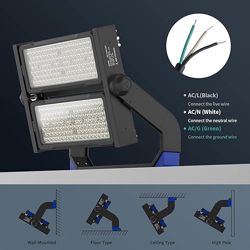 Miniatura 3 de Adiding Luz LED de estadio de 500 vatios, 75000 lm, luces LED de inundación para exteriores con soporte ajustable, 5000 K, luz diurna 100-277 V, UL