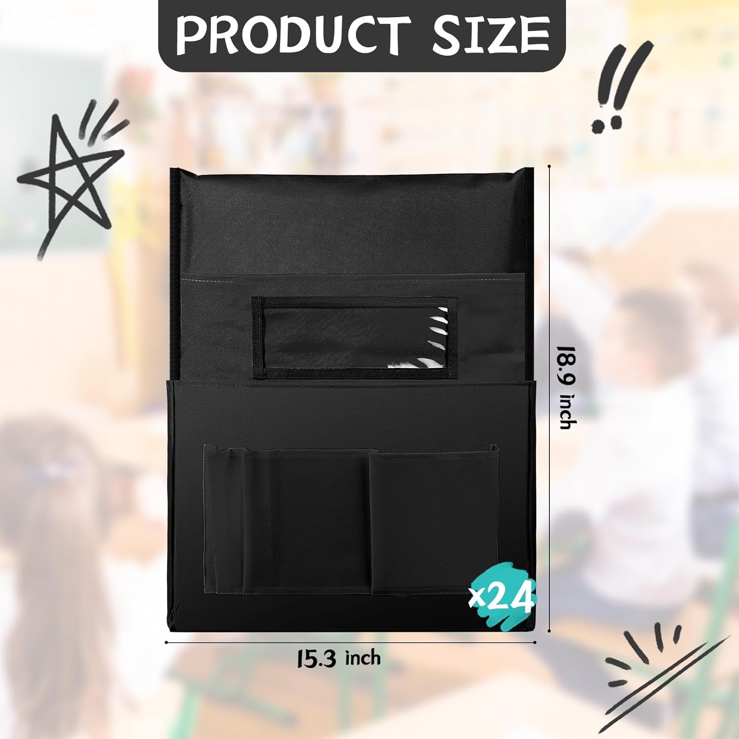 Tisancy 24 Pcs Thicken Chair Pockets for Classroom, Chair Pocket Chart, Chart Seat Back Organizer Bulk with Name Tag, Classroom Organization Essentials for School Christmas Student Gift(Black)