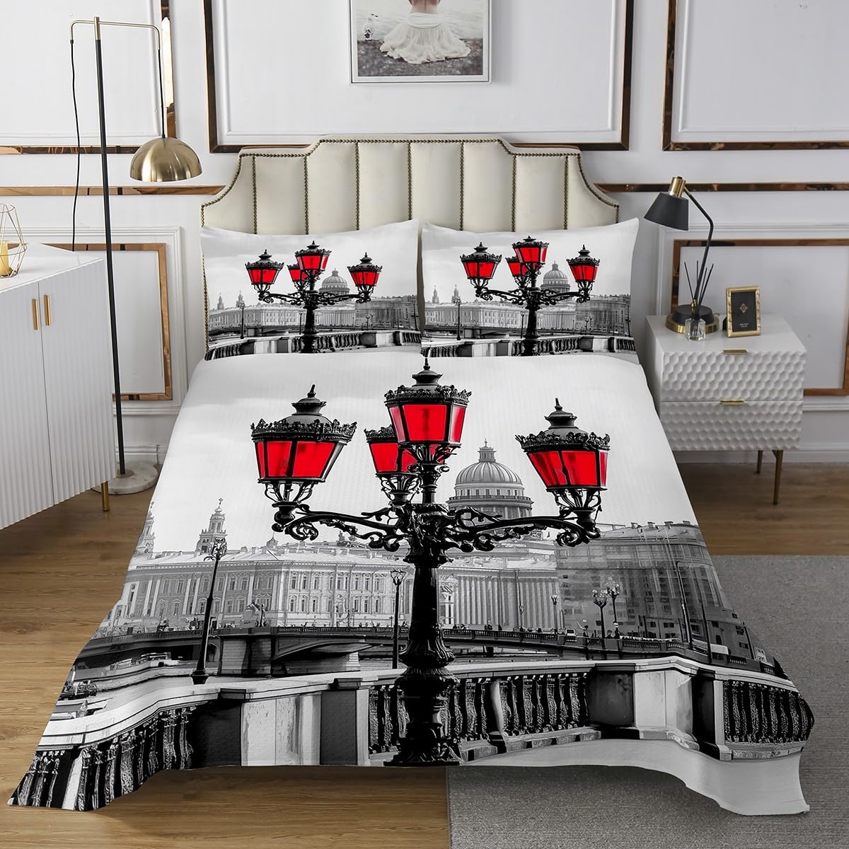 jejeloiu Kids Red Coverlet Set Twin Size London Themed Bedspread for Boys Girls Teens Bedroom Decor Historical European Scenery Quilted Coverlet Famous City Scene Soft