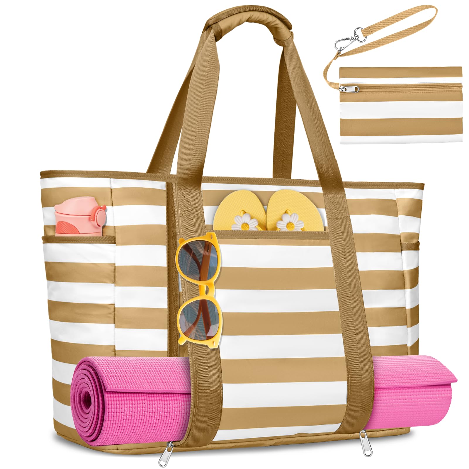 TEUEN Extra Large Beach Bags for Women, Waterproof Sandproof Beach Tote Bag Foldable Swim Pool Bag with Zipper and Wet Pocket - travel totes | Mubboo