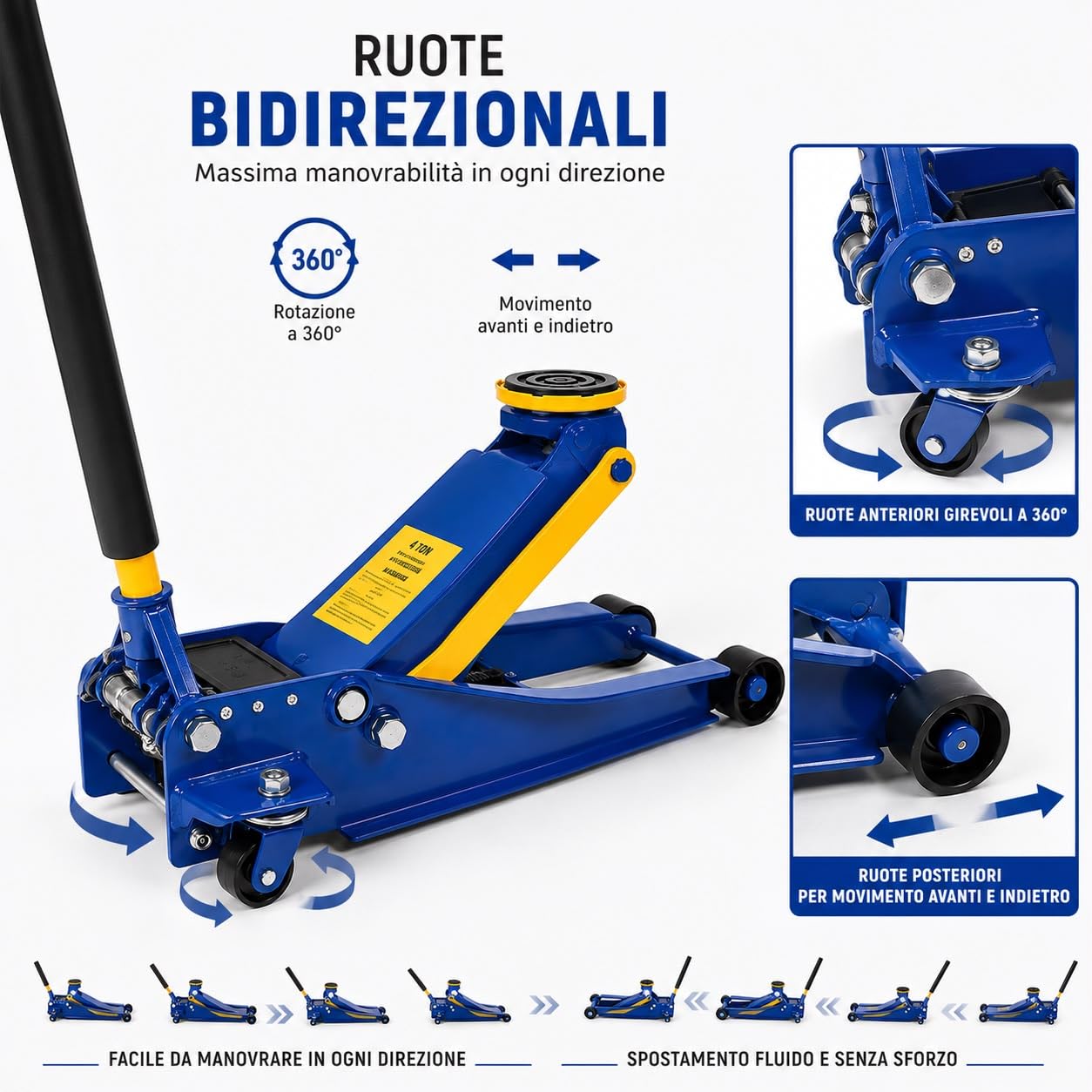 Cric Sollevatore idraulico carrello professionale 4t ruote bidirezionali a cuscinetto, crick martinetto cric Auto Idraulico assetto super ribassato professionale per veicoli doppio pistone