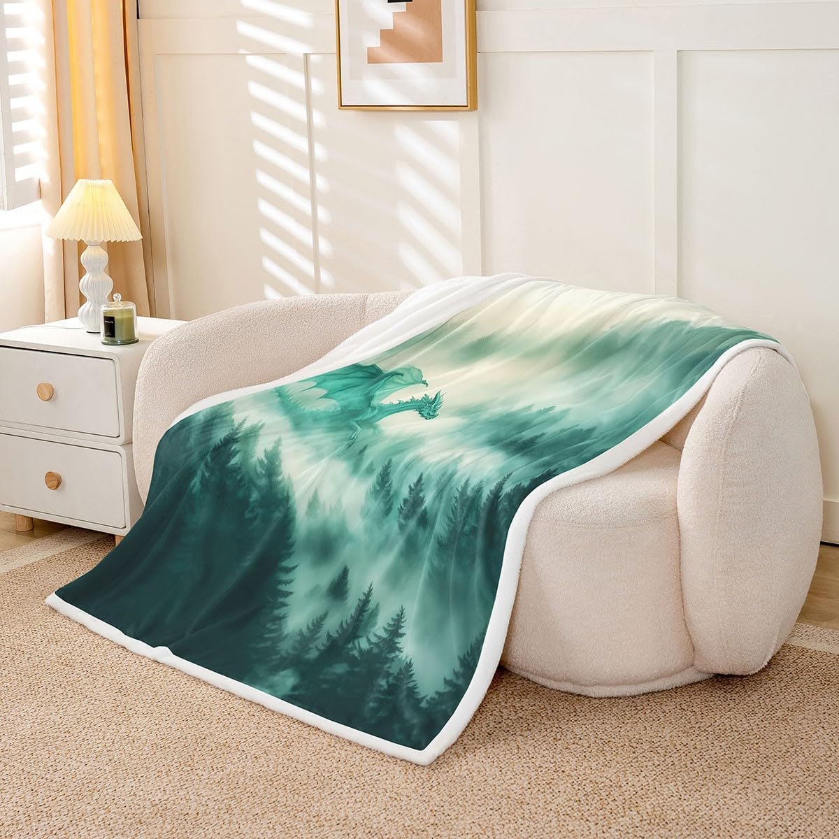 Flying Dragon Throw Blanket Misty Mountain Jungle Fleece Flannel Blankets Kids Boys Girls Room Decor Ancient Mysterious Animal Bed Blankets for Bed Sofa Couch Dark Green Plush Blanket Twin 60"x80"