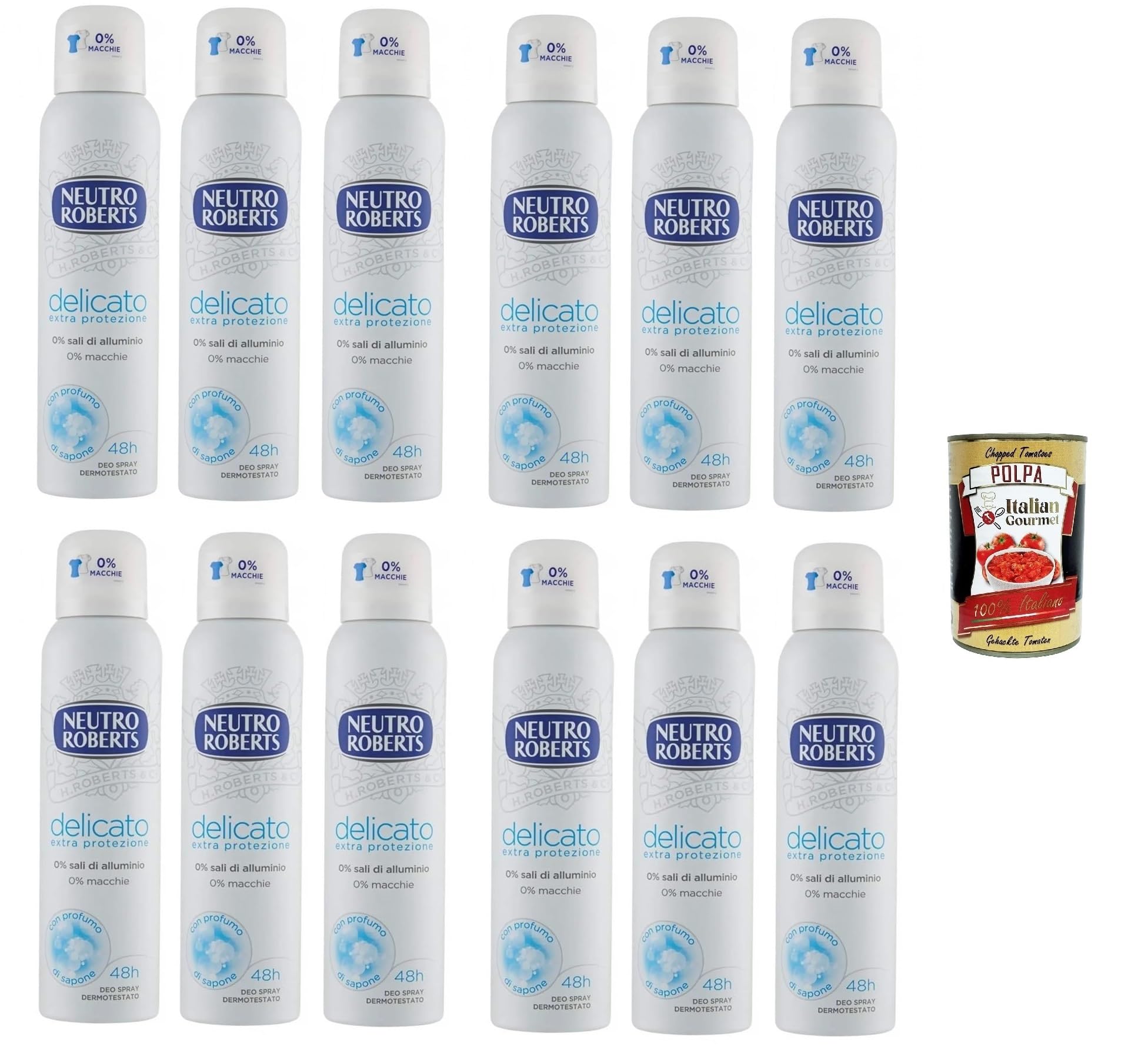 Italian Gourmet Deodorante Spray Delicato Deo-Spray 12 x 150ml Seifenparfüm | Freschezza quotidiana, profumo pulito; sanft zur Haut, praktische, Gesamtnettogewicht 1,8 L + Kostenlos Polpa 400g