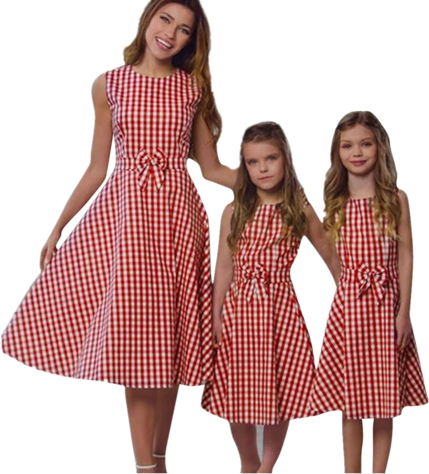 FranterdFamily Matching Dress Mommy &Me Girls Women Plaid Print Bowknot Zipper Dress Parent-Child Matching Outfit