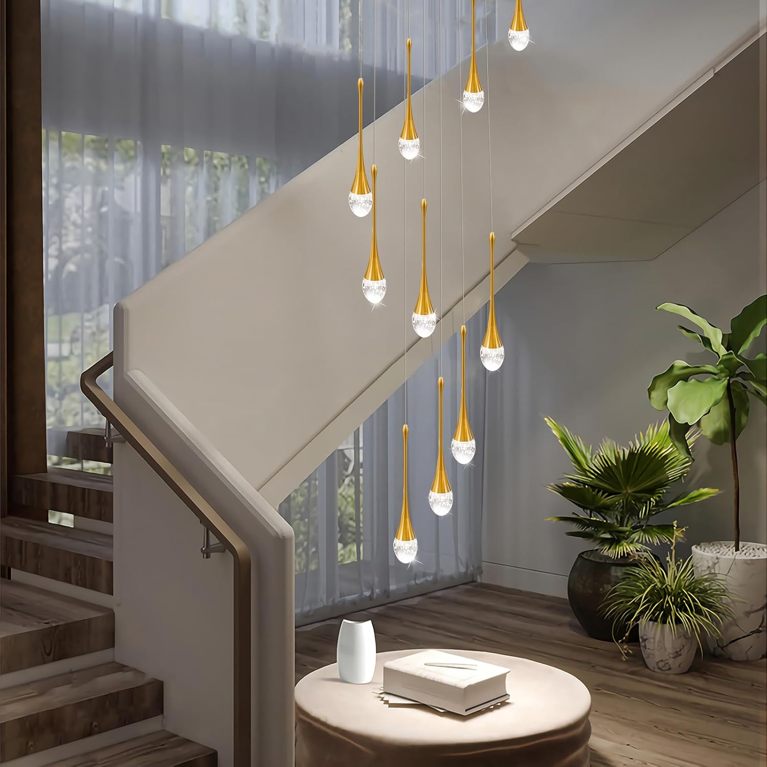 126" 12-Light High Ceiling Chandelier, Crystal Chandeliers Large Raindrop Chandeliers, Gold Pendant Light Fixtures for Entryway, Staircase 4000K Neutral White