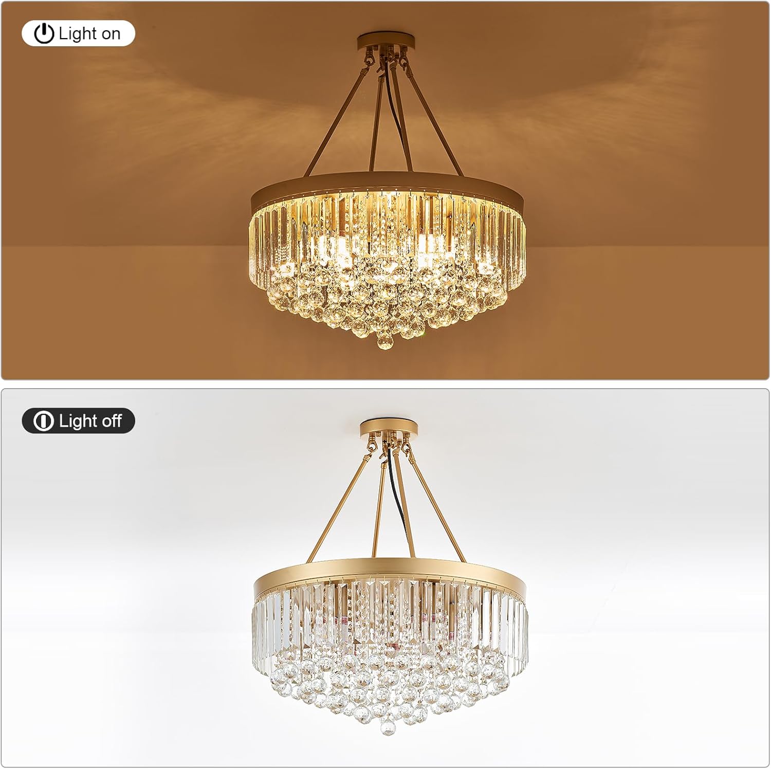 9-Light Gold Crystal Chandelier Contemporary 22'' Modern Semi Flush Mount Crystal Hanging Light Sparkling Decoration for Bedroom Entryway Living Dining Room Kitchen Island Hallway