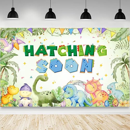 AIBIIN Dinosaur Baby Shower Backdrop for Boy Hatching Soon Dinosaur Theme Decorations Banner Green Baby Shower Party Decorations Banner Photo Studio Props 70.8 x 43.3 inch