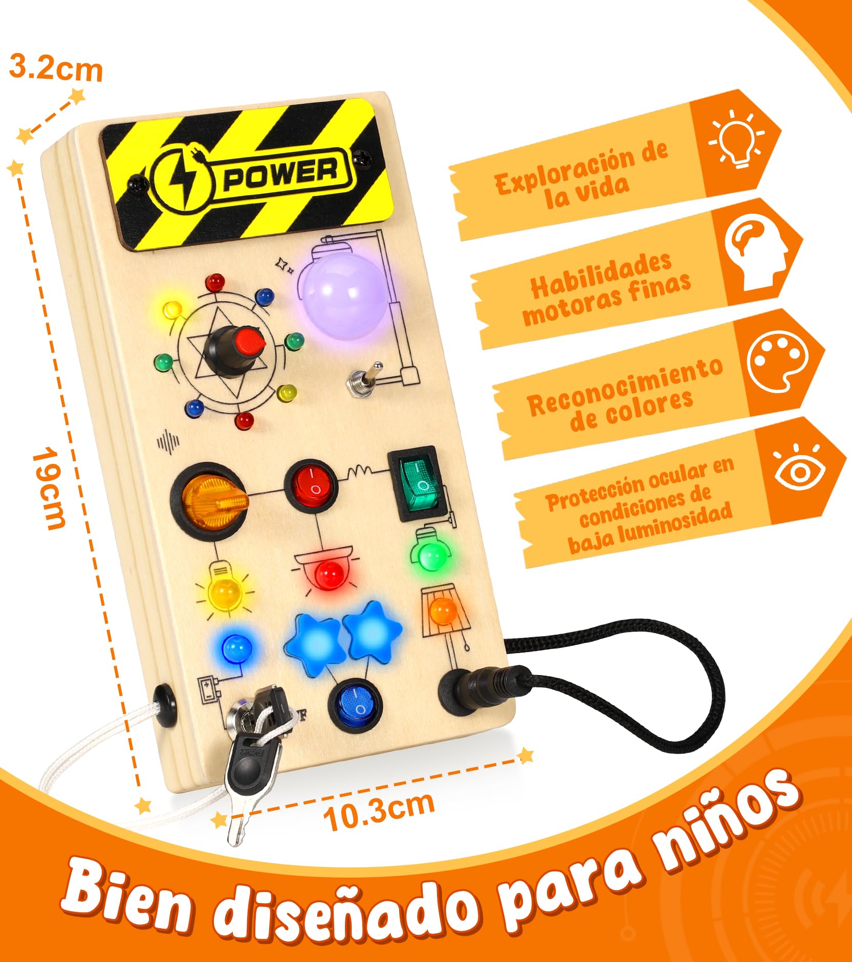 Motessori Busy Board de Actividad Sensorial 1 Año+ con 16 Luces LED y 9 ​​Interruptores, Juguete Educativo Montessori de Madera para Niños y Niñas de 1 a 7 Años, Juguete Educativo de Viaje