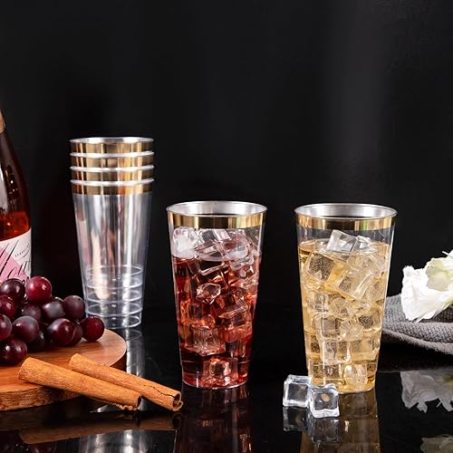 Miniatura 7 de WDF Paquete de 100 vasos de plástico dorados, vasos desechables con borde dorado de 12 onzas para fiestas, reuniones de vacaciones, bodas