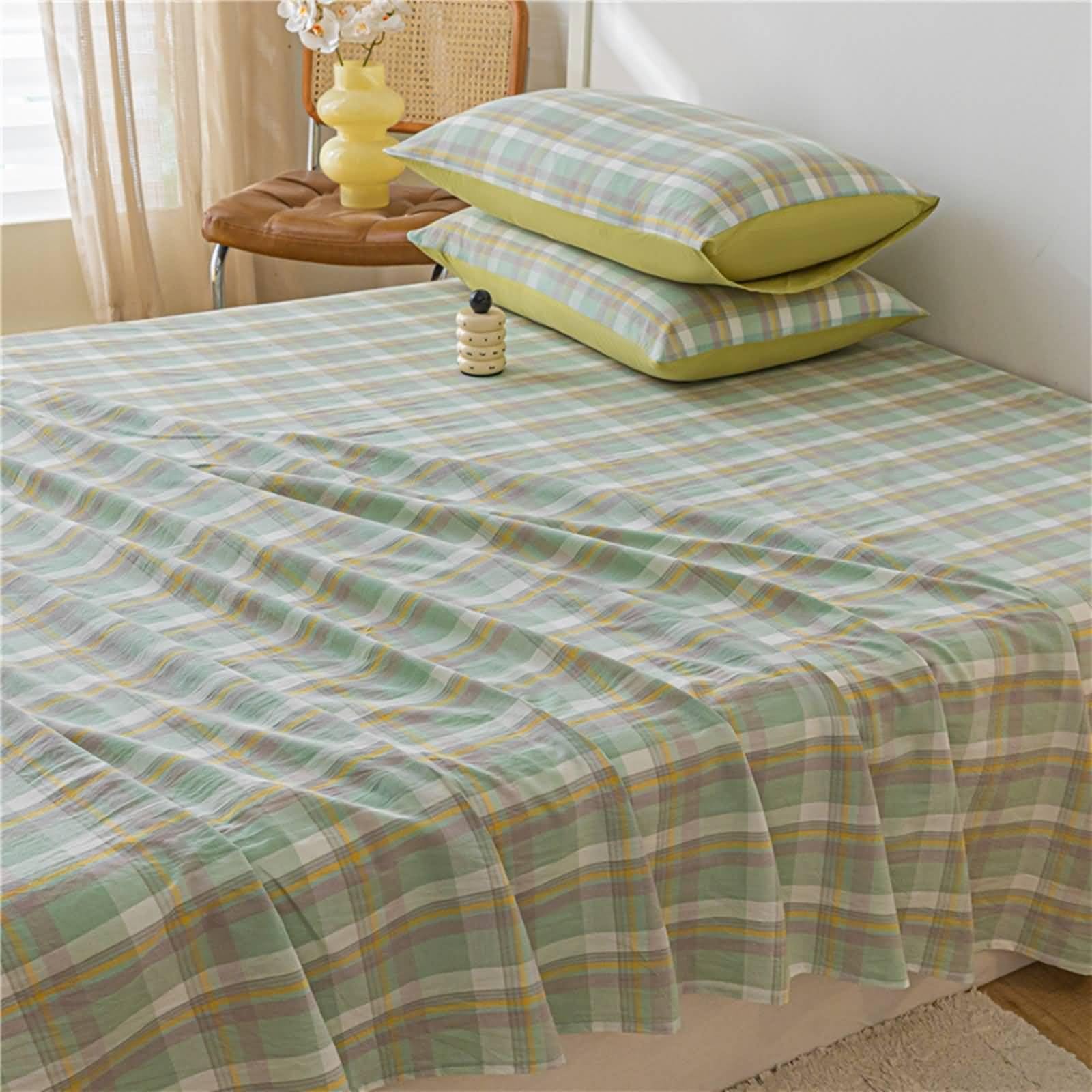 Sábanas de algodón, sábana vintage con patrón de celosía verde y amarillo con 2 fundas de almohada de 91 x 63 pulgadas