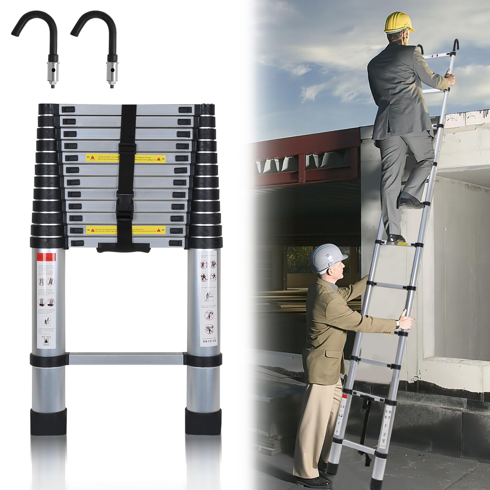 Randaco 2.6M Échelle Télescopique avec 2 Crochets Amovibles, Escabeau Telescopique Aluminium, Extensible Echelle Extensible Antidérapante Echelle Polyvalente Charge Max 150 kg