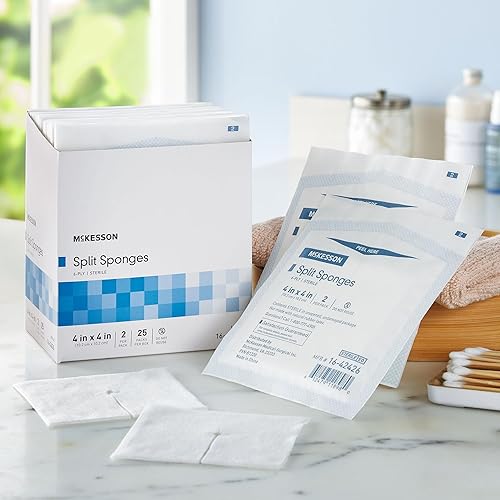 Miniatura 8 de McKesson Esponjas divididas, 6 capas estériles, vendajes intravenosos y traqueostomía, mezcla de poliésterrayón, 4 x 4 pulgadas, 2 por paquete, 300