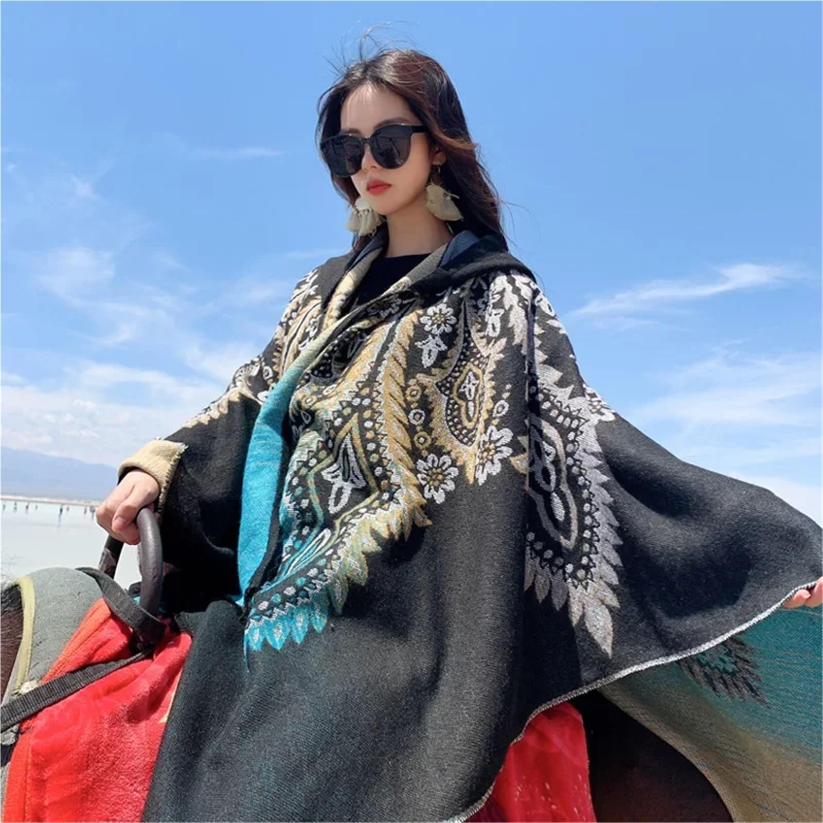 Scialle Donna Poncho Invernale da Viaggio, Caldo, con Cappuccio, Stile Etnico, con Scialle in Cashmere Imitazione Vento