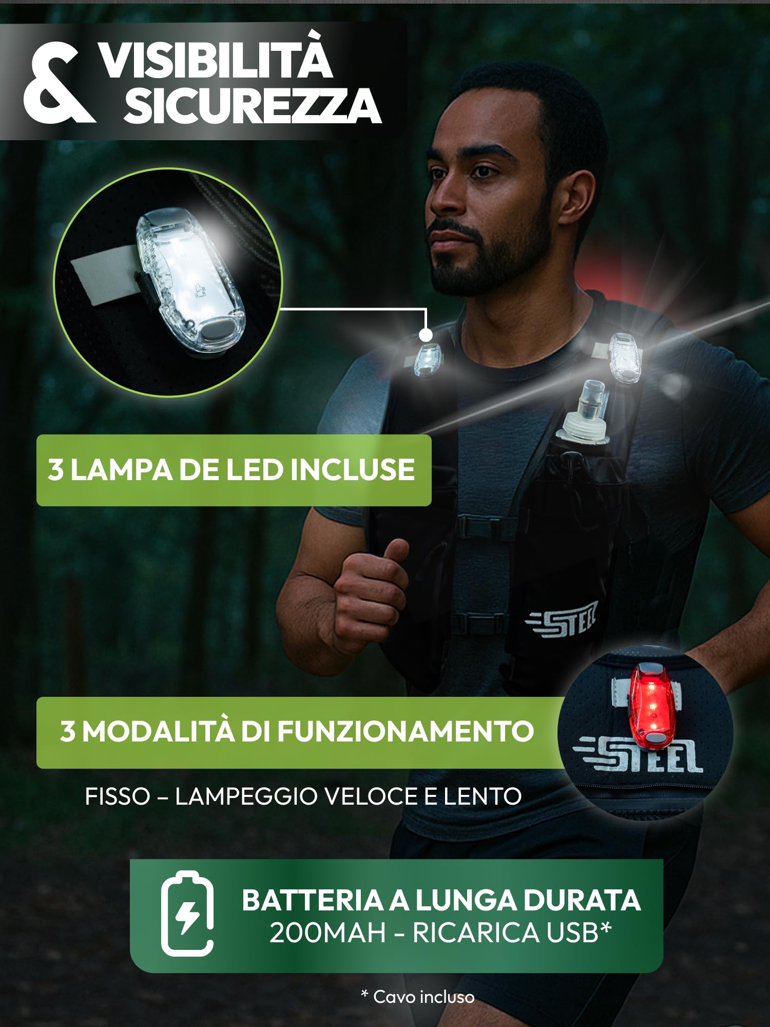Giubbotto Running Idratante Riflettente LED Recheargeable, Porta Bottiglia d'acqua Regolabile, Gilet leggero, Borraccia Idratante 500 ML per Escursionismo, Trail
