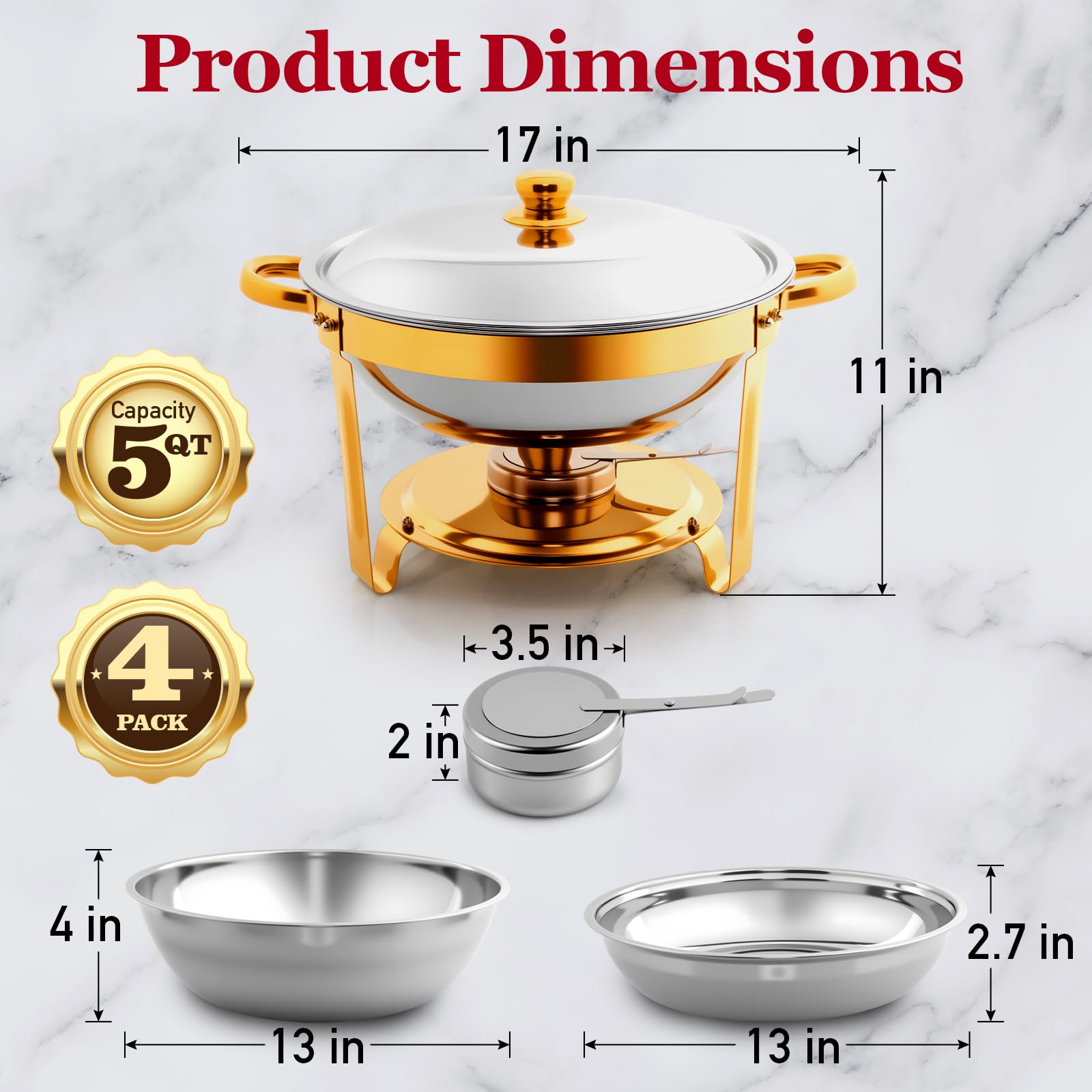 Chafing Dish Buffet Rotondo, 4 Pezzi Buffet per scaldavivande, 5QT Scaldavivande con Portacoperchio, Accessori per Catering e Buffet per Feste, Matrimoni e Eventi