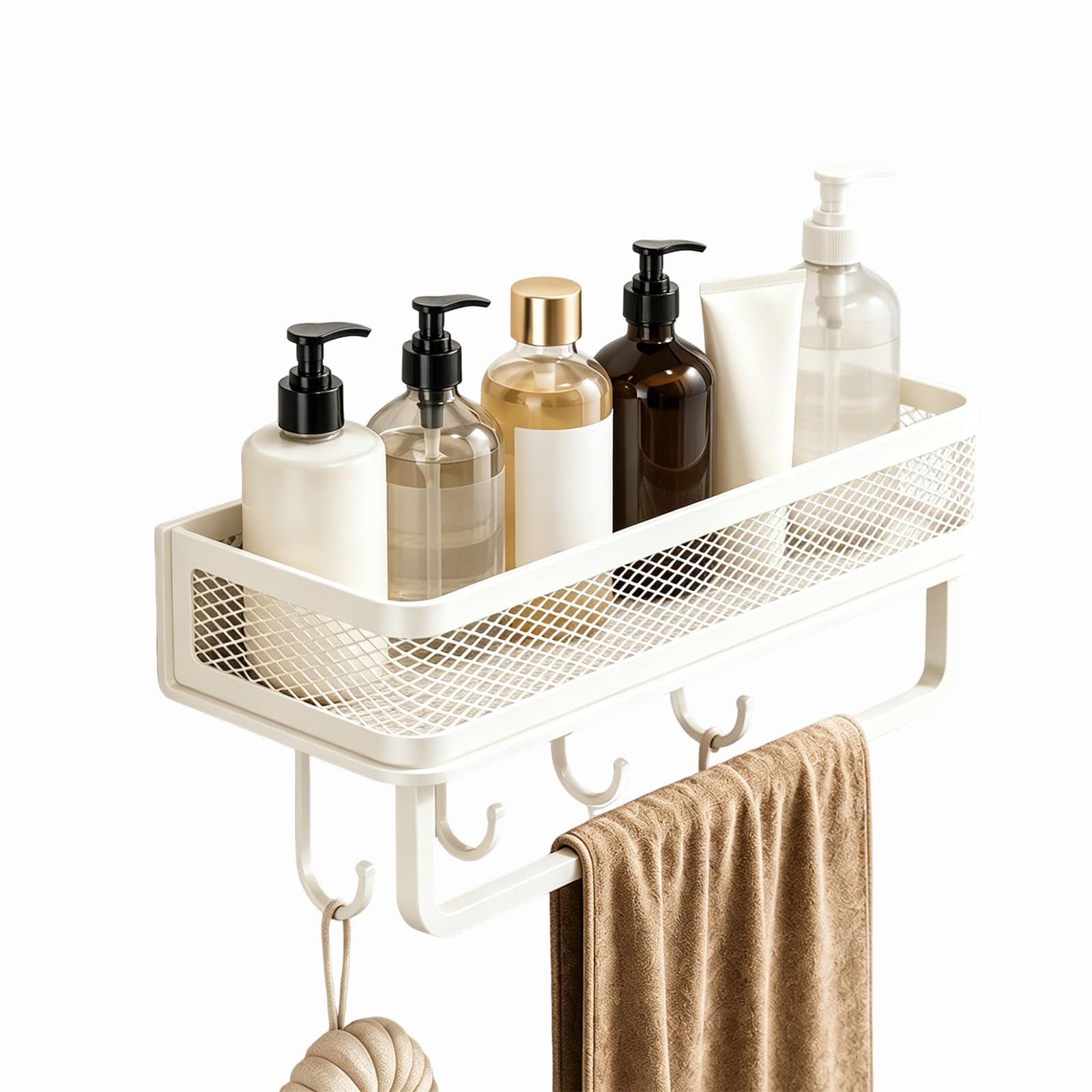 Abnehmbarer Selbstklebender Shampoo-Halter, Wand Duschablage Ohne Bohren | Verfügbar mit/ohne Handtuchhalter für Badezimmer, Küche, Balkon, Studentenwohnheim, Apartment(White with Rod,60cm/23.6")
