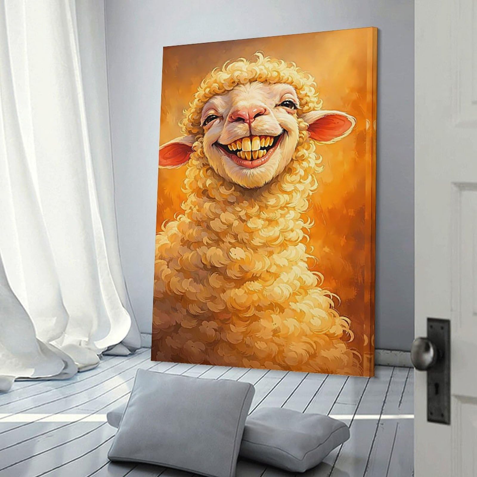 Junmoney Goofy Sheep with Golden Teeth Home Decor Wall Art, 12x18inch(30x45cm), for Home, Office, Studio Or Guest Room, An Adaptable Decor Piece for Home Use