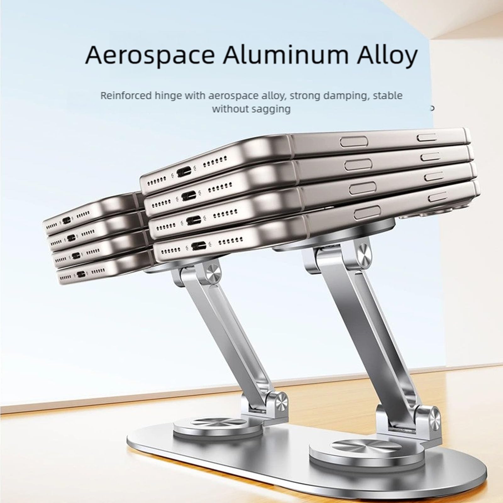 Soporte de teléfono de aleación de aluminio para dos teléfonos de 4 a 7 pulgadas, rotación ajustable, diseño plegable de 360 grados, patas antideslizantes, adecuado para transmisión en vivo y