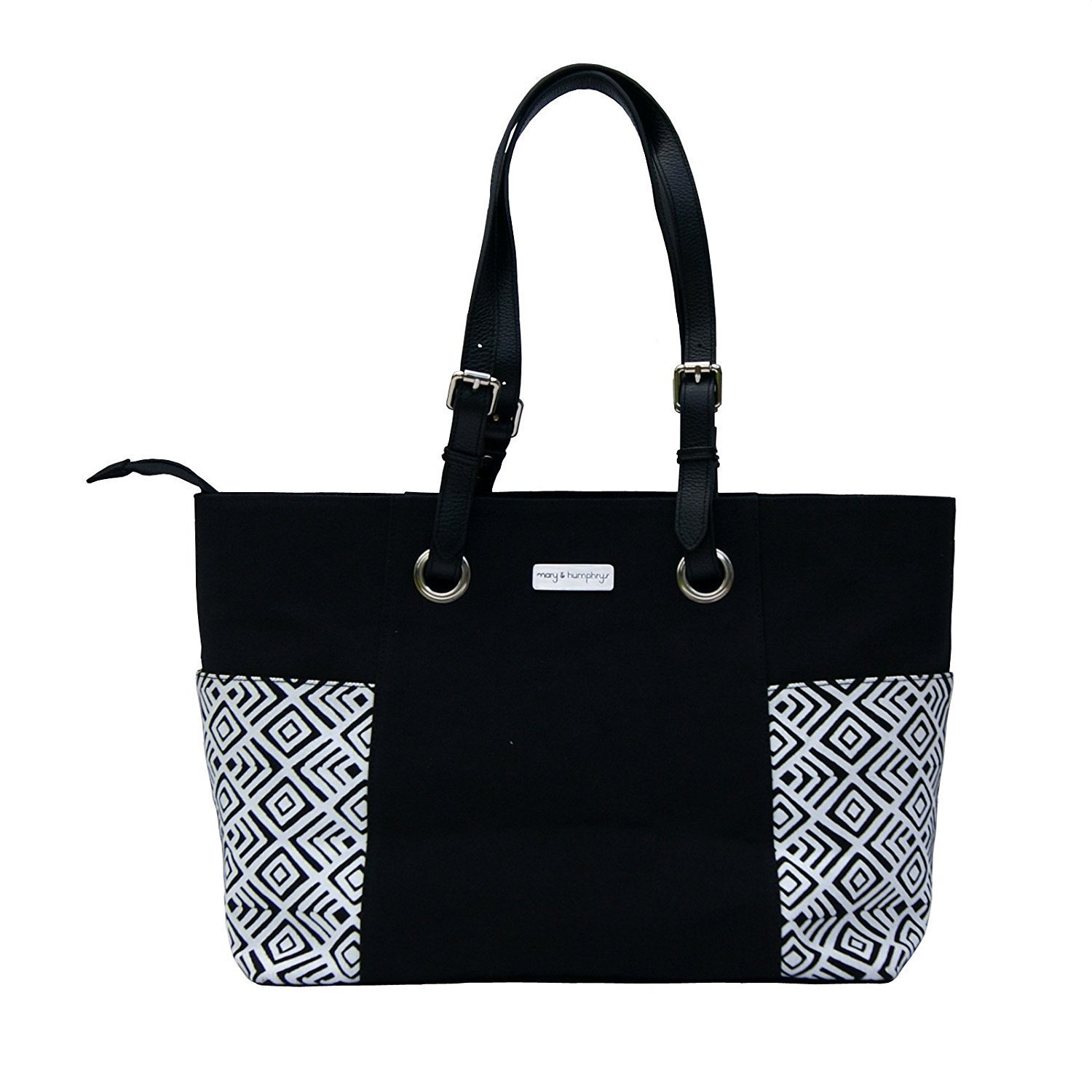 Black White Canvas bag Everyday Tote Travel Tote with Leather Straps by Mary Humphrys