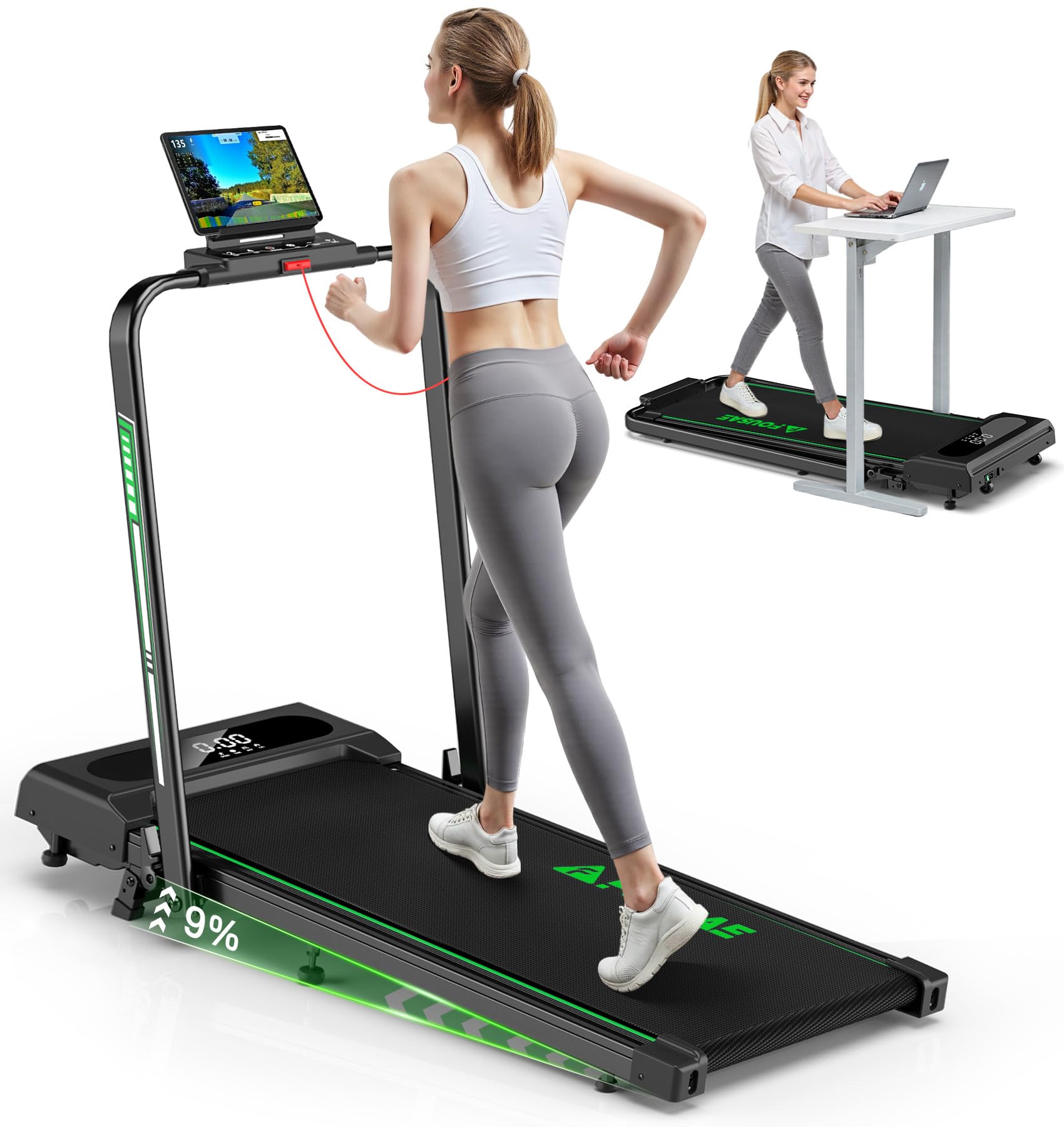 5 en 1 Cinta de Correr Plegable, 12KM/H Cinta de Correr con Inclinación 9%, 2.75 HP Cinta de Andar para Casa con Control Remoto y Pantalla LED, Apps y 12 Programas HIIT, Soporte 150 KG