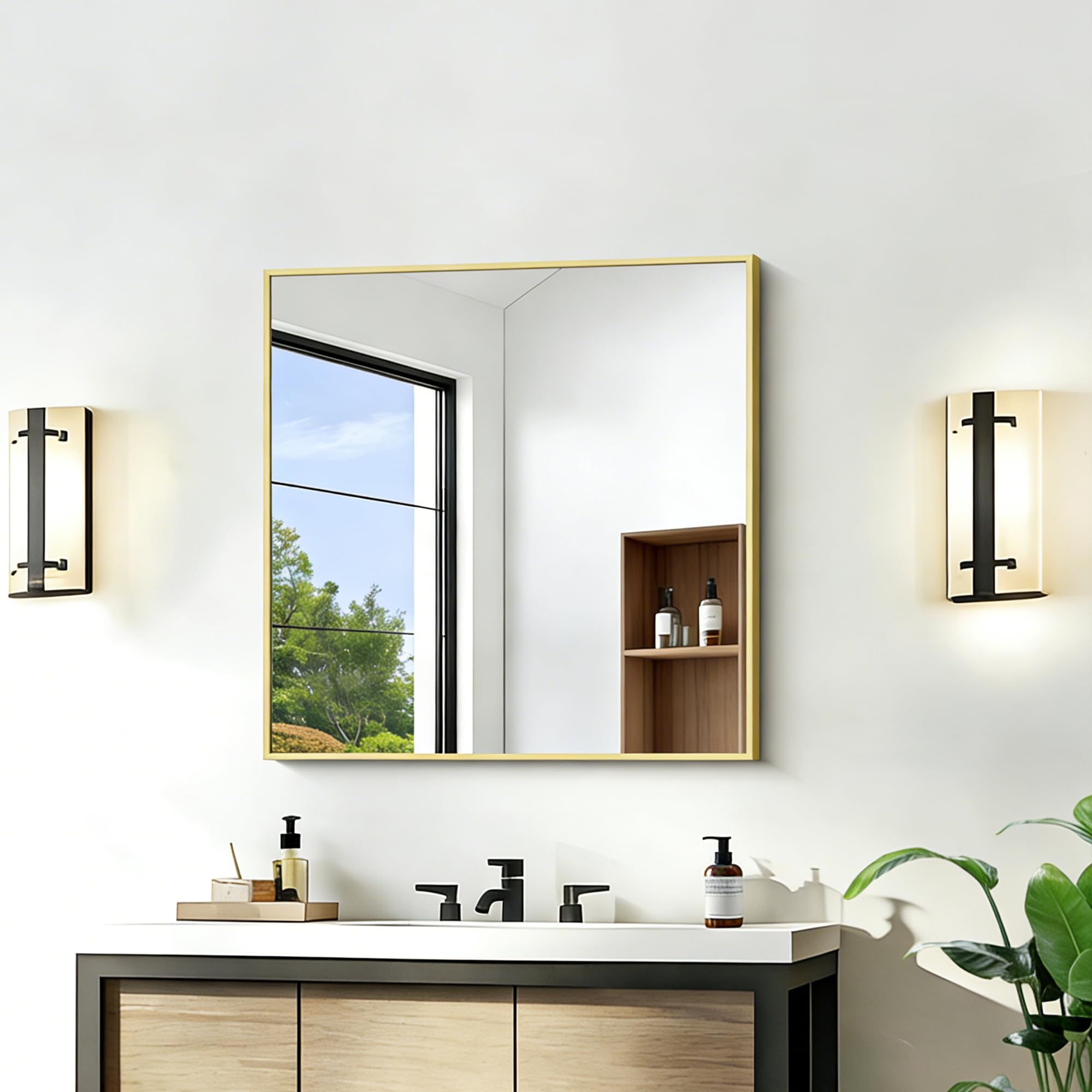 KOCUUY Gold Bathroom Mirror, 24"x24" Rectangle Bathroom Mirror for Wall, HD Tempered Glass, Anti-Rust Frame, Modern Design for Bathroom, Bedroom, Living Room, Entryway