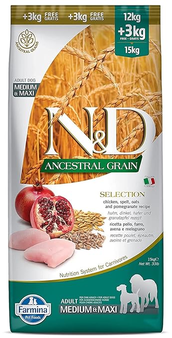 Heads Up For Tails Farmina N&D Ancestral Grain Selection Dry Dog Food, Adult Medium & Maxi Breed, Chicken and Pomegranate 15kg