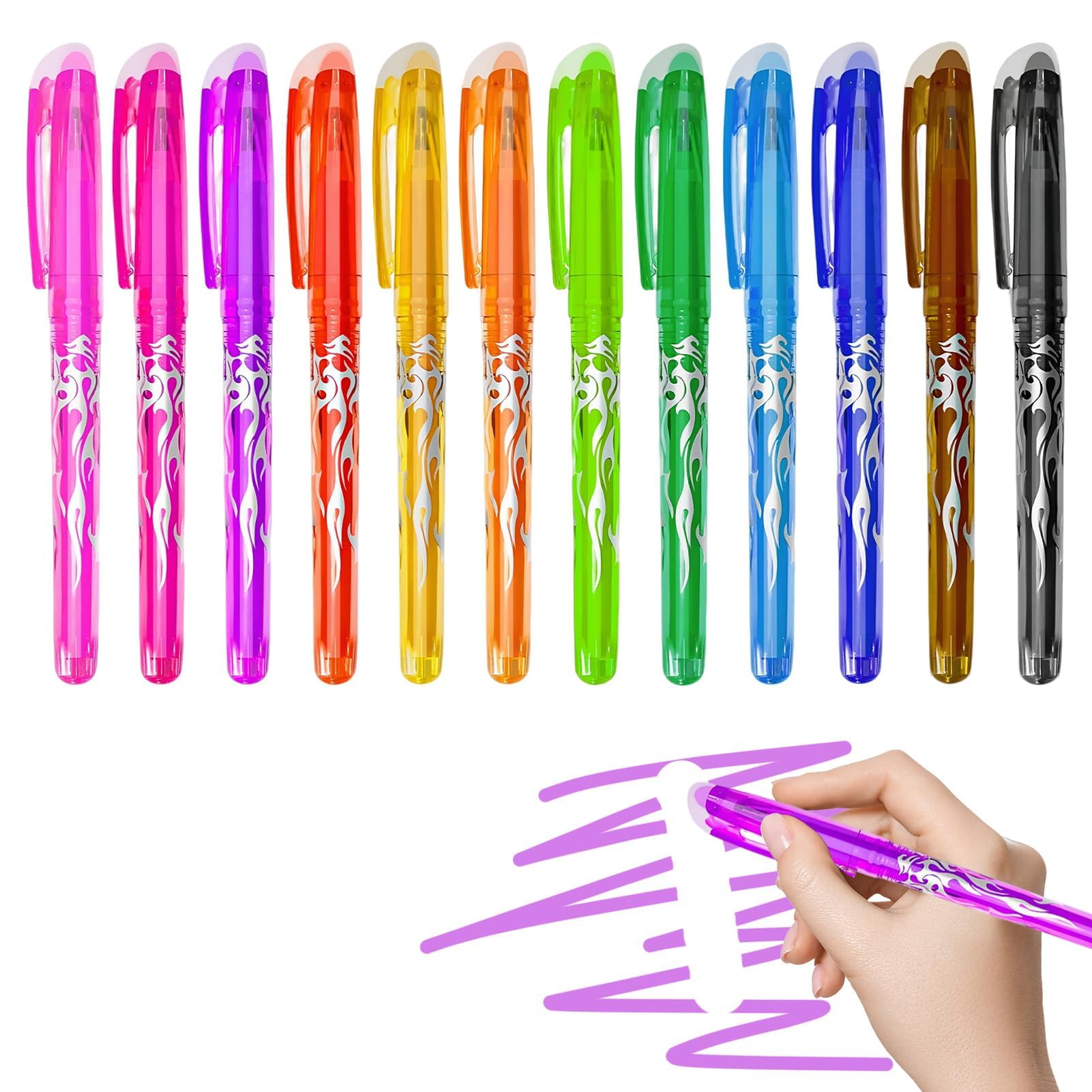 12 Pack Erasable Gel Pens in Bright Colors for Creative Writing with Fine Point and Clip for School, Office and Bullet Journal