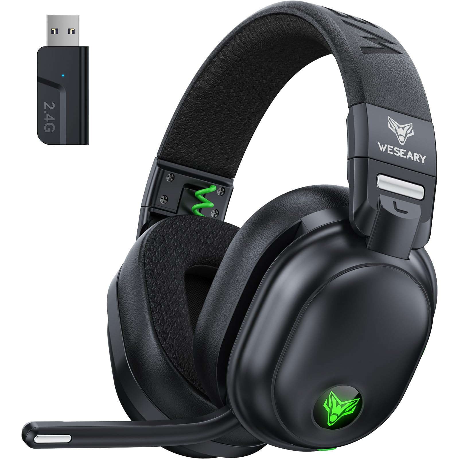 WESEARY WG3 Cascos Gaming Inalambricos, Auriculares Gaming Inalambricos para PS5, PS4, PC, Switch, Sonido Estéreo Auriculares con Microfono, Cascos con Luz LED, Duración 50Hr+