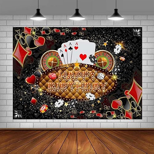 Miniatura 9 de Telón de fondo de feliz cumpleaños de 7 x 5 pies, decoración de fiesta de cumpleaños de Las Vegas, dados de Las Vegas, cartel de fiesta de